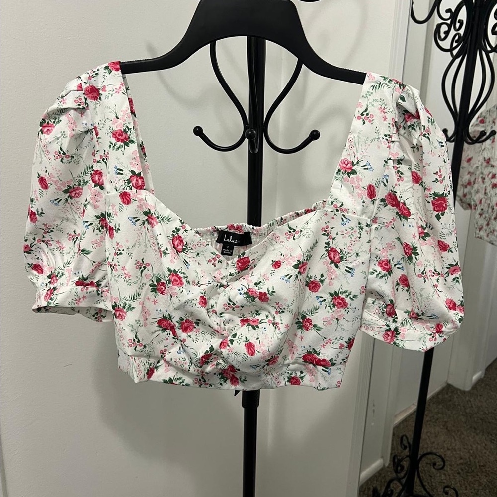 Lulu's Pink and Red Ruched Puff Sleeve Crop Top